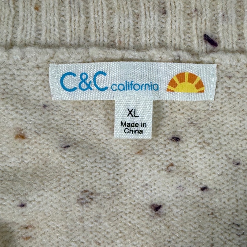 C&C California Sweater XL NWT Beige Speckled Collared V Neck Relaxed Kni - Picture 4 of 7
